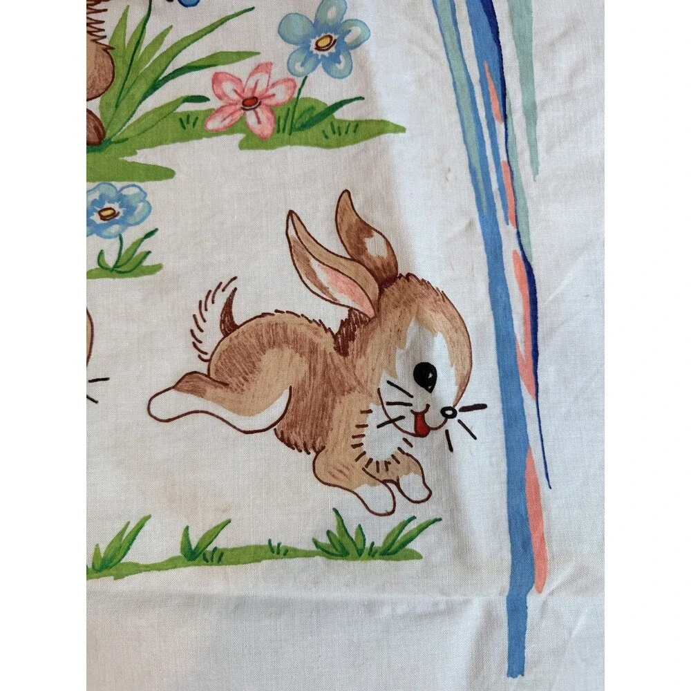 Vintage Style Bunny Rabbit Quilt Top Panel Playing Violin Linen Cotton Blanket